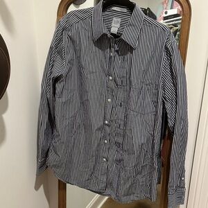 GAP Men's Navy and White Striped Button Down Shirt
